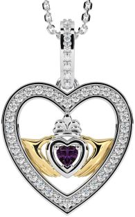 Diamond Alexandrite White Yellow Gold Claddagh Irish Heart Necklace