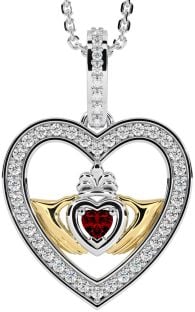 Diamond Garnet White Yellow Gold Claddagh Irish Heart Necklace