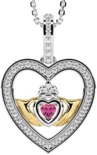 Diamond Pink Tourmaline White Yellow Gold Claddagh Irish Heart Necklace