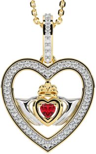 Diamond Ruby White Yellow Gold Claddagh Irish Heart Necklace