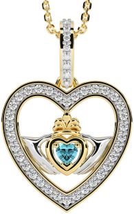 Diamond Aquamarine Gold Claddagh Irish Heart Necklace