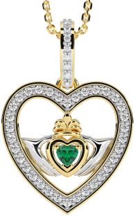 Diamond Emerald Gold Claddagh Irish Heart Necklace