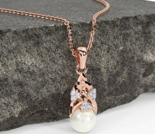 Diamond Rose Gold Silver Celtic Trinity Knot Pearl Necklace