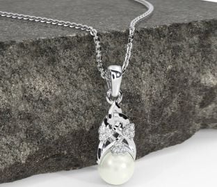 Diamond Silver Celtic Trinity Knot Pearl Necklace