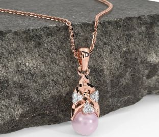 Diamond Rose Gold Celtic Trinity Knot Pearl Necklace