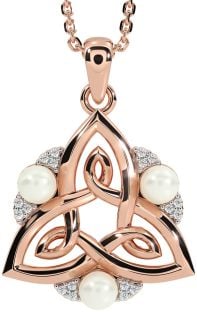 Diamond Rose Gold Silver Celtic Trinity Knot Pearl Necklace