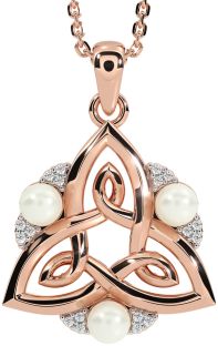Diamond Rose Gold Celtic Trinity Knot Pearl Necklace