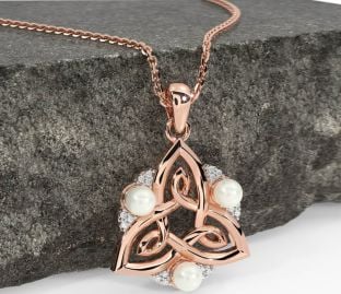 Diamond Rose Gold Celtic Trinity Knot Pearl Necklace