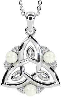 Diamond Silver Celtic Trinity Knot Pearl Necklace
