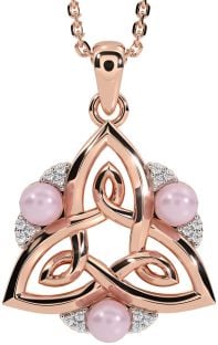 Diamond Rose Gold Silver Celtic Trinity Knot Pearl Necklace