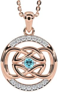 Diamond Aquamarine Rose Gold Silver Celtic Necklace