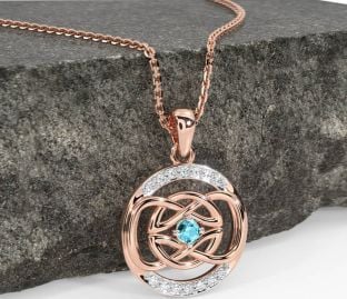 Diamond Aquamarine Rose Gold Silver Celtic Necklace