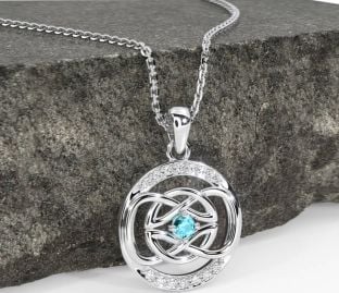Diamond Aquamarine Silver Celtic Necklace