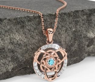 Diamond Aquamarine Rose Gold Silver Celtic Necklace