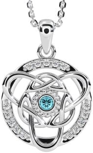 Diamond Aquamarine Silver Celtic Necklace