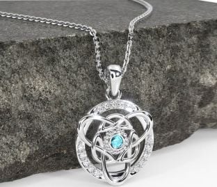 Diamond Aquamarine Silver Celtic Necklace