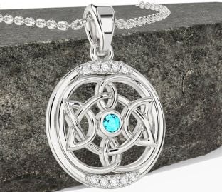 Diamond Aquamarine White Gold Celtic Necklace