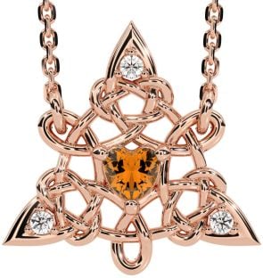 Diamond Citrine Rose Gold Silver Celtic Trinity Knot Necklace