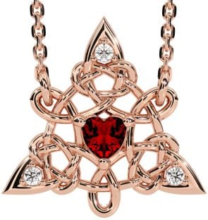 Diamond Garnet Rose Gold Silver Celtic Trinity Knot Necklace