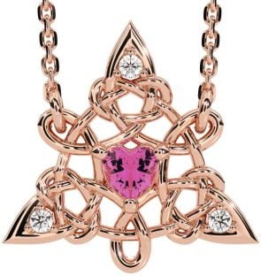 Diamond Pink Tourmaline Rose Gold Silver Celtic Trinity Knot Necklace