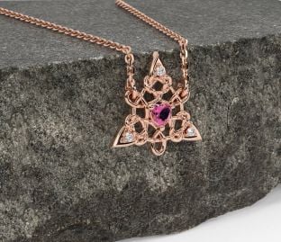 Diamond Pink Tourmaline Rose Gold Silver Celtic Trinity Knot Necklace