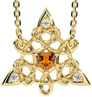 Diamond Citrine Gold Silver Celtic Trinity Knot Necklace