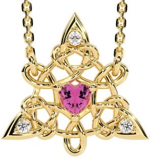 Diamond Pink Tourmaline Gold Silver Celtic Trinity Knot Necklace