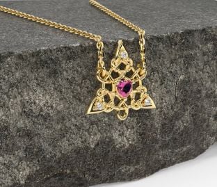 Diamond Pink Tourmaline Gold Silver Celtic Trinity Knot Necklace
