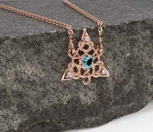 Diamond Aquamarine Rose Gold Celtic Trinity Knot Necklace