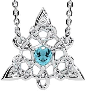 Diamond Aquamarine Silver Celtic Trinity Knot Necklace