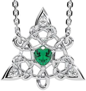 Diamond Emerald Silver Celtic Trinity Knot Necklace