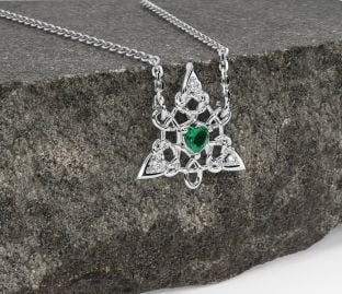 Diamond Emerald Silver Celtic Trinity Knot Necklace