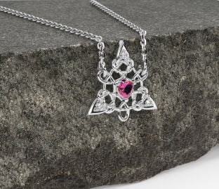 Diamond Pink Tourmaline Silver Celtic Trinity Knot Necklace