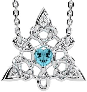 Diamond Aquamarine White Gold Celtic Trinity Knot Necklace