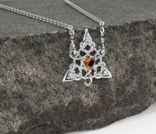 Diamond Citrine White Gold Celtic Trinity Knot Necklace