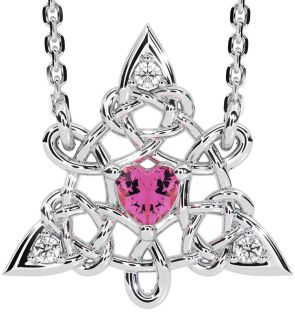 Diamond Pink Tourmaline White Gold Celtic Trinity Knot Necklace