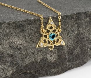 Diamond Aquamarine Gold Celtic Trinity Knot Necklace