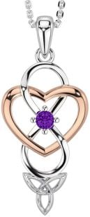 Amethyst Rose Gold Silver Infinity Celtic Trinity Knot Heart Necklace