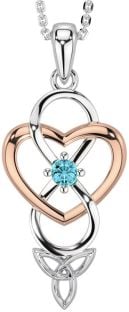 Aquamarine Rose Gold Silver Infinity Celtic Trinity Knot Heart Necklace