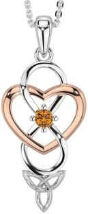 Citrine Rose Gold Silver Infinity Celtic Trinity Knot Heart Necklace