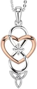 Diamond Rose Gold Silver Infinity Celtic Trinity Knot Heart Necklace