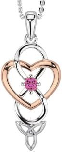 Pink Tourmaline Rose Gold Silver Infinity Celtic Trinity Knot Heart Necklace