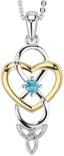 Aquamarine Gold Silver Infinity Celtic Trinity Knot Heart Necklace