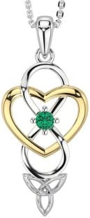 Emerald Gold Silver Infinity Celtic Trinity Knot Heart Necklace