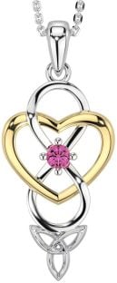 Pink Tourmaline Gold Silver Infinity Celtic Trinity Knot Heart Necklace