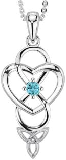 Aquamarine Silver Infinity Celtic Trinity Knot Heart Necklace