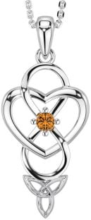 Citrine Silver Infinity Celtic Trinity Knot Heart Necklace