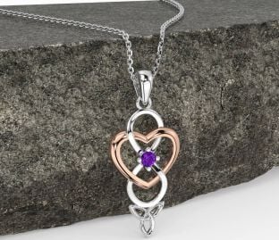 Amethyst Rose Gold Silver Infinity Celtic Trinity Knot Heart Necklace