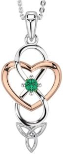 Emerald Rose Gold Silver Infinity Celtic Trinity Knot Heart Necklace