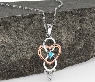 Aquamarine White Rose Gold Infinity Celtic Trinity Knot Heart Necklace